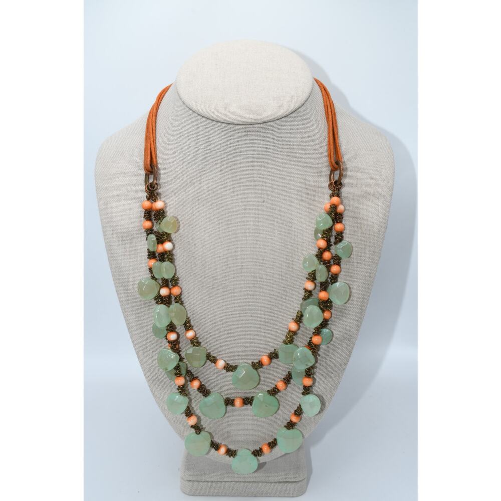 Mythologie Necklace Green Faceted Glass Pink Beads Rust Cord Statement 22”